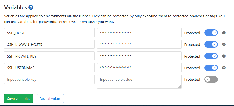 Screenshot from gitlab.com showing the four variables to set